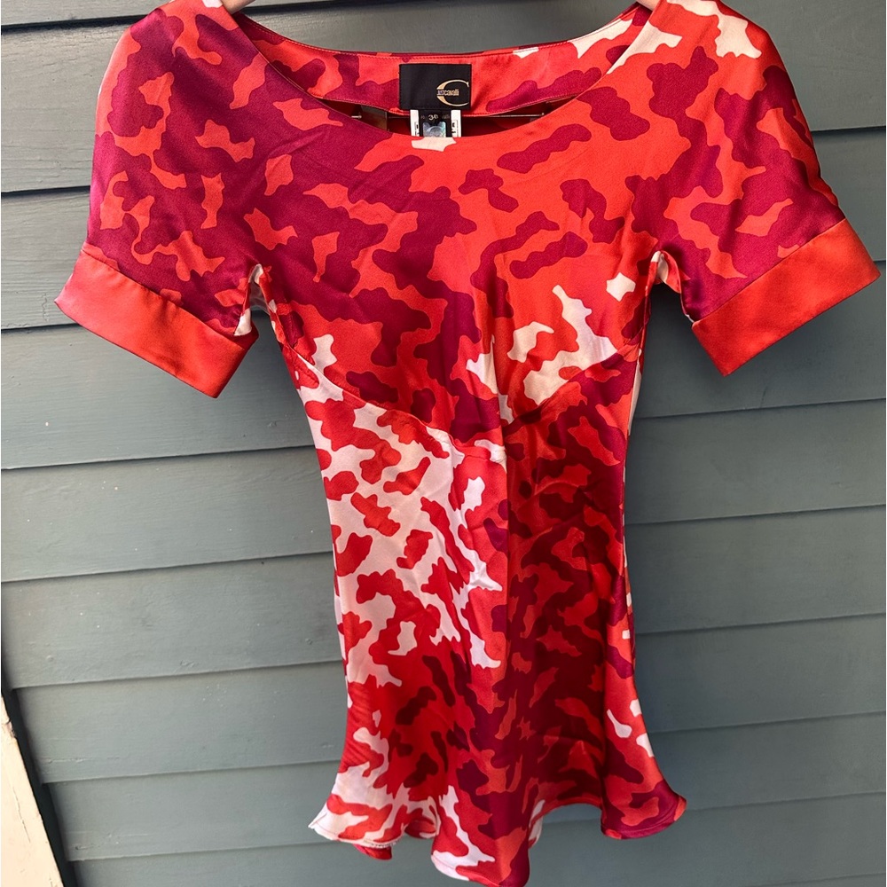 Vintage Y2k Roberto Cavalli Orange Abstract Camo Print Micro Mini Dress Tunic XS